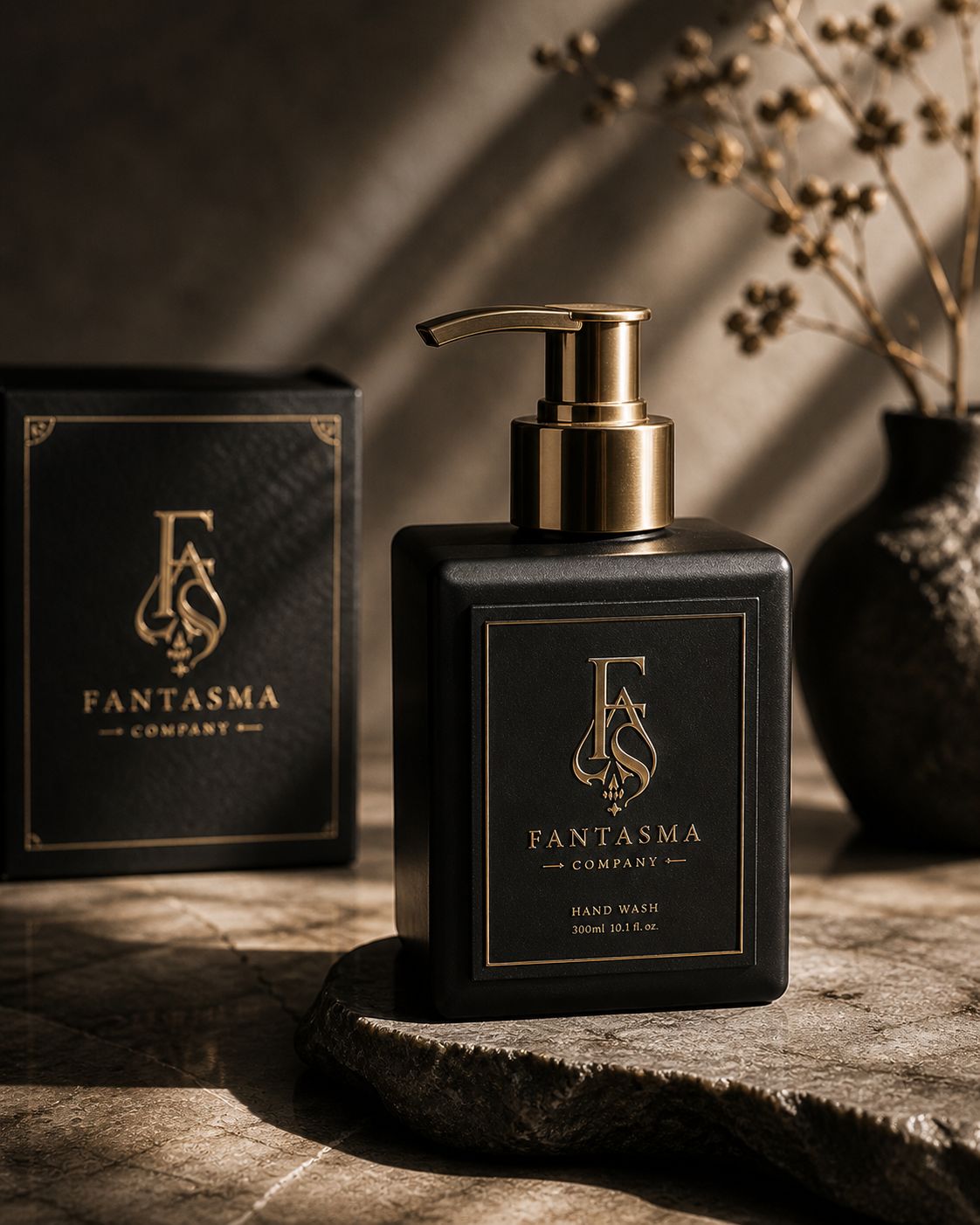 Fantasma black hand wash bottle with gold pump on a stone slab.